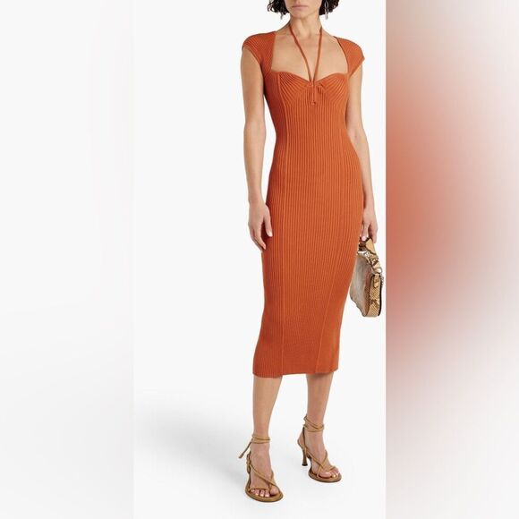 Jonathan Simkhai Florence Midi Orange Dress Tie-Neck Rib Knit Size XS - Picture 8 of 12